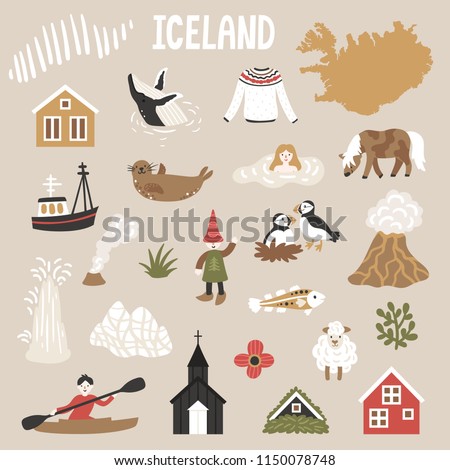 Vector icon set of Iceland's symbols. Travel illustration with Icelandic landmarks, people, animals and symbols. Scandinavian nature.