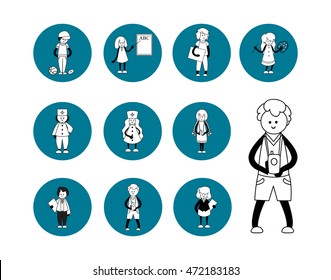 Vector icon set. Icons for site, web, presentation. Artist, photographer, medical doctor, nurse, teacher, coach, manager professions. Black and white people on blue background
