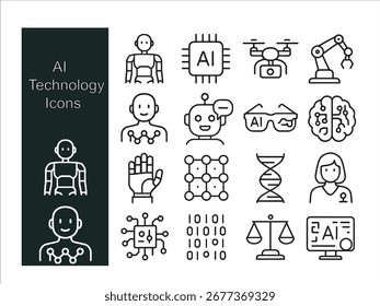 Vektorsymbolsatz, der künstliche Intelligenz, Automatisierung und moderne Technologieanwendungen veranschaulicht. Perfekt für digitale Plattformen, maschinelles Lernen, futuristische Konzepte und technische Innovationen