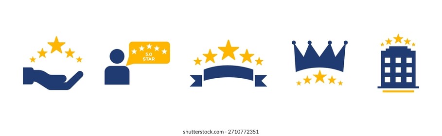 Conjunto de iconos de Vector que ilustra conceptos de calidad de cinco estrellas, servicio premium y revisiones de Clientes. Cuenta con símbolos como mano, persona, cinta, corona, hotel y la calificación 5.0.