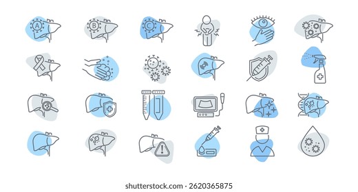 Vector icon set illustrating liver disease and medical conditions. Includes infographic elements about fat accumulation, infection, diagnosis, and hepatitis symptoms for health education.