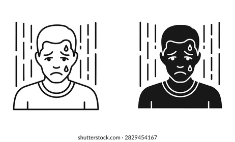 A vector icon set illustrating a person suffering from heat exhaustion or fever. This set features both outline and solid styles ideal for medical or health and wellness applications.