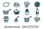 Vector icon set illustrating the process of making french fries from raw potato to deep frying and serving, including wedges, crinkle fries, salt, oil, and fryer baskets on white.