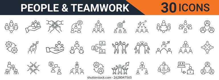 Vector icon set illustrating teamwork, collaboration, leadership, communication, employee connection, group dynamics, and corporate success through unified people-focused strategies.