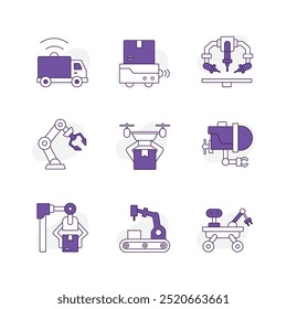 Vector icon set for Industrial Automation and Robotics Technology. Hand-drawn illustrations of robotic arms, drones, mobile robots, and exoskeletons for enhanced factory efficiency.