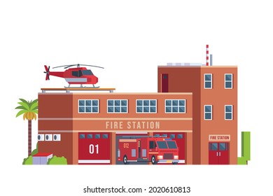 Vector icon set or infographic elements representing low poly fire station buildings for city illustration