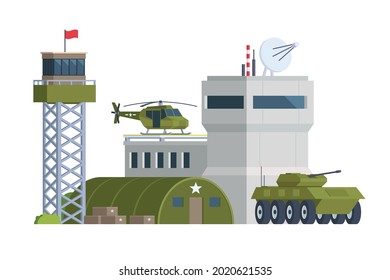 Vector Icon Set Or Infographic Elements Representing Low Poly Military Base Buildings For City Illustration