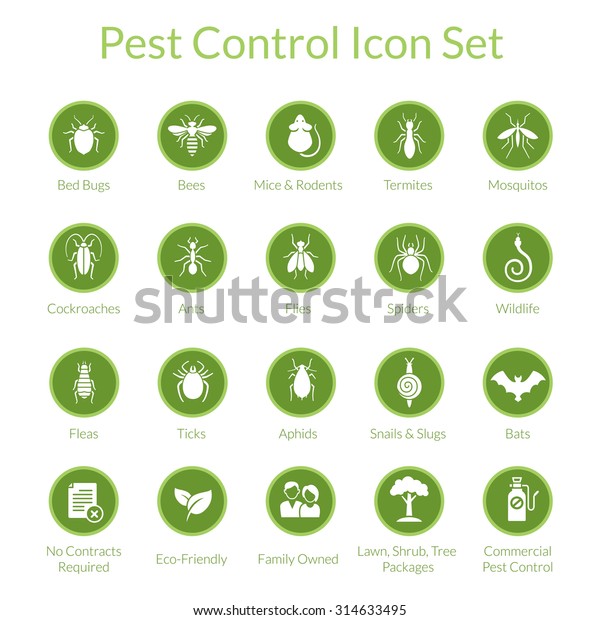 Vector icon set\
with insects like flies, cockroaches, bed bugs, spiders and\
termites for pest control\
companies