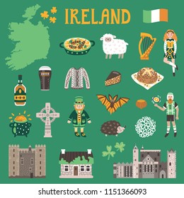 Vector icon set of Ireland's symbols. Travel illustration with Irish landmarks, people, food and symbols. 