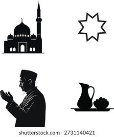 Conjunto de iconos de Vector con motivos islámicos: mezquita, forma de estrella, hombre rezando, jarra y dátiles, en blanco y negro.