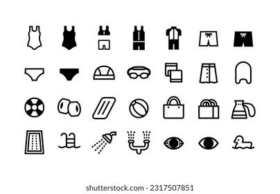 Vector icon set of items related to swimming pool