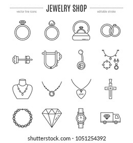 Vector icon set of Jewelry Shop elements in trendy linear style. Editable stroke