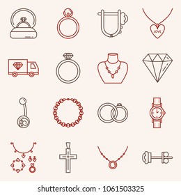 Vector icon set of Jewelry Shop elements in trendy linear style. Wedding rings, piercing, earrings