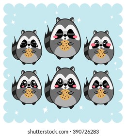 Vector Icon set. Kawaii American raccoon with cookie. Funny, cute, sweet emotions, smiles. On blue background with sparkles. Flat cartoon style