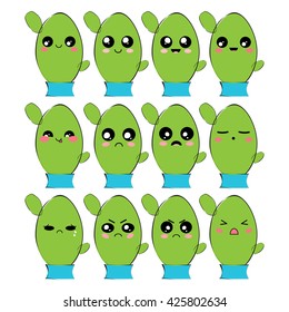 Vector icon set. Kawaii cactus, succulent, flowers. Cartoon character with different face expression. Flat style for stickers, smiles. Happy, cute, sweet, sly, grumpy, moody emotions