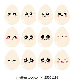 Vector icon set. Kawaii eggs, bubbles. Funny, cute, sweet emotions, smiles. Flat cartoon style. Element for design. Cartoon character with different face expressions