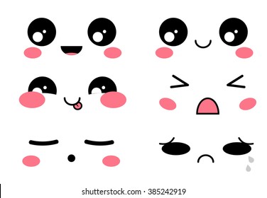 Vector icon set. Kawaii face, muzzle with different expressions. Funny, cute, sweet emotions, smiles. Flat cartoon style. Element for design