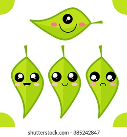 Vector icon set. Kawaii leaves with different face expression. Funny, cute, sweet emotions, smiles. Flat cartoon style. Element for design. Green, pink, black colors