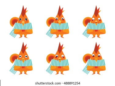 Vector icon set. Kawaii rooster with face, muzzle with different expressions. Funny, cute, sweet emotions, smiles. Flat cartoon style. Element for design