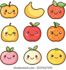 A vector icon set of kawaii-style fruits Illustration