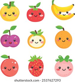 Un conjunto de iconos de Vector de frutas de estilo kawaii