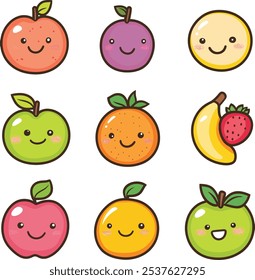 A vector icon set of kawaii-style fruits Illustration