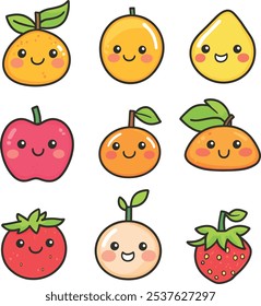 A vector icon set of kawaii-style fruits Illustration