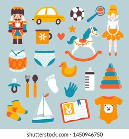 Vector icon set with kids toys and clothes: car, ball, rocking horse, doll, drum, duck and others. Newborn sticker collection. Childish background with cute cartoon elements. Kids poster.