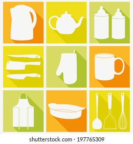Vector icon set of kitchen tools. Flat cooking icon collection.