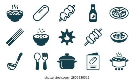 Vector icon set of Korean street food elements including Tteokbokki rice cakes, fish cake skewers, spicy sauce bottle, chopsticks, ladle, spoon, fork, cooking pots, and recipe menu items.