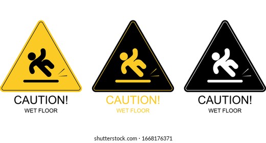 Vector icon set of labeled caution wet floor