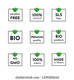 Vector icon set of labels. Organic cosmetics free sls, parabens, 100% natural and healthy. Only bio ingridients. Premium Quality.