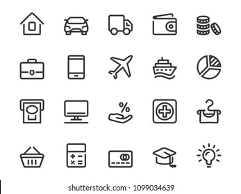 Vector icon set of loan objects in outline style. Icon collection includes: interest rate, real estate, business, car, credit card, travel, education and more.