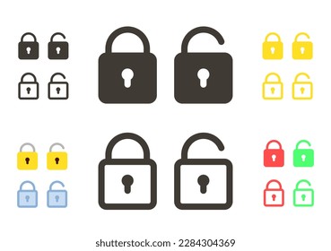 Vector icon set of lock icons. Lock and unlock symbols in different styles. Open unlocked and closed locked graphic elements