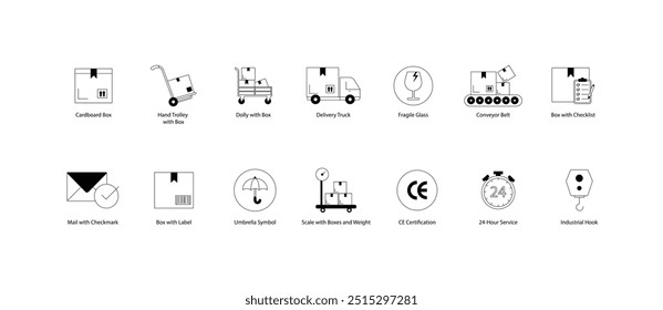 Ícone de vetor definido para logística e embalagem. Inclui ícones como caixa de papelão, caminhão de entrega, símbolo de vidro frágil, correia transportadora e muito mais.