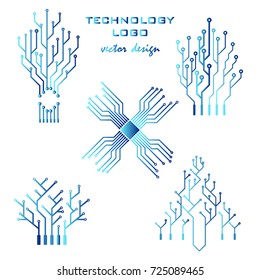 Vector icon set of logo printed circuit board. Flat design style. Blue symbol. Technologically Design.