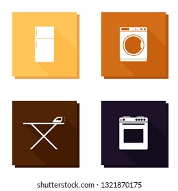 Vector icon set with long shadow refrigerator, washing machine, iron and ironing board and gas stove. Layers grouped for easy editing illustration. For your design.