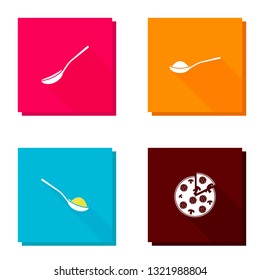 Vector icon set with long shadow spoon with sugar or salt, pizza. Fast Food. Pizza's slice. Layers grouped for easy editing illustration. For your design.