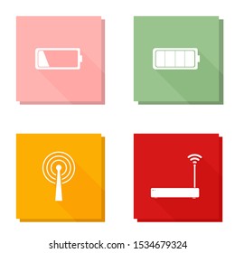 Vector icon set with long shadow WiFi vector icon. Full battery, Wi-Fi transmitter logo illustration.