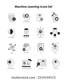 Ícone de vetor definido para o Machine Learning Essentials. Uma coleção abrangente de ícones de aprendizagem automática, incluindo análise de dados, IA, automação, aprendizagem profunda.