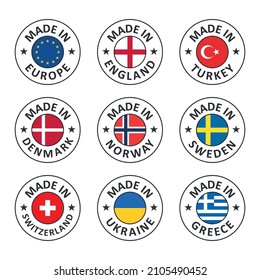 vector icon set made in england, turkey, denmark, norway, sweden, switzerland, ukraine, greece and made in european union, eu countries flag label stamp