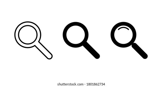 Vector icon set of magnifying glass, search icon, flat vector design, search icon with fill and outline.