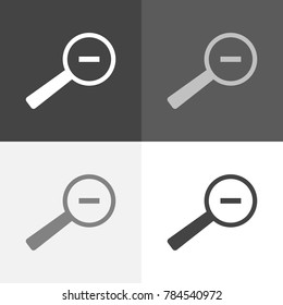 Vector icon set of the magnifying glass, object decrease, distance on white-grey-black color
 