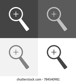 Vector icon set of a magnifying glass,  zoom on white-grey-black color