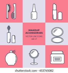 Vector icon set of makeup accessories. Cosmetic accessories flat line art set.