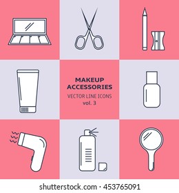 Vector icon set of makeup accessories. Cosmetic accessories flat line art set.