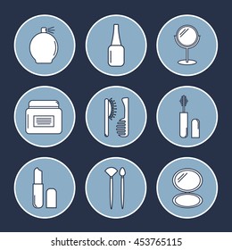 Vector icon set of makeup accessories. Cosmetic accessories flat line art set.