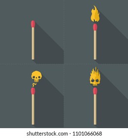 Vector Icon set of matches in a flat style. A match without fire, a match with fire, a match with fire in the form of a skull. Illustration matches sticks in flat style
