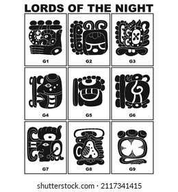 Vector icon set with Mayan  glyphs Lords of the Night