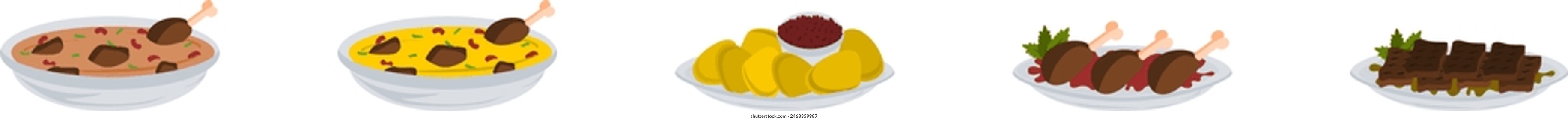 Conjunto de platos de Vector y curry en la cocina india.